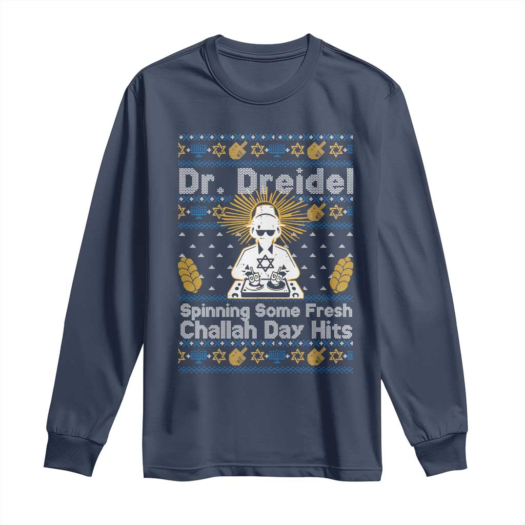 Funny Ugly Hanukkah Long Sleeve Shirt Mr Dreidel Dj Chanukkah Jewish TS10 Navy Print Your Wear