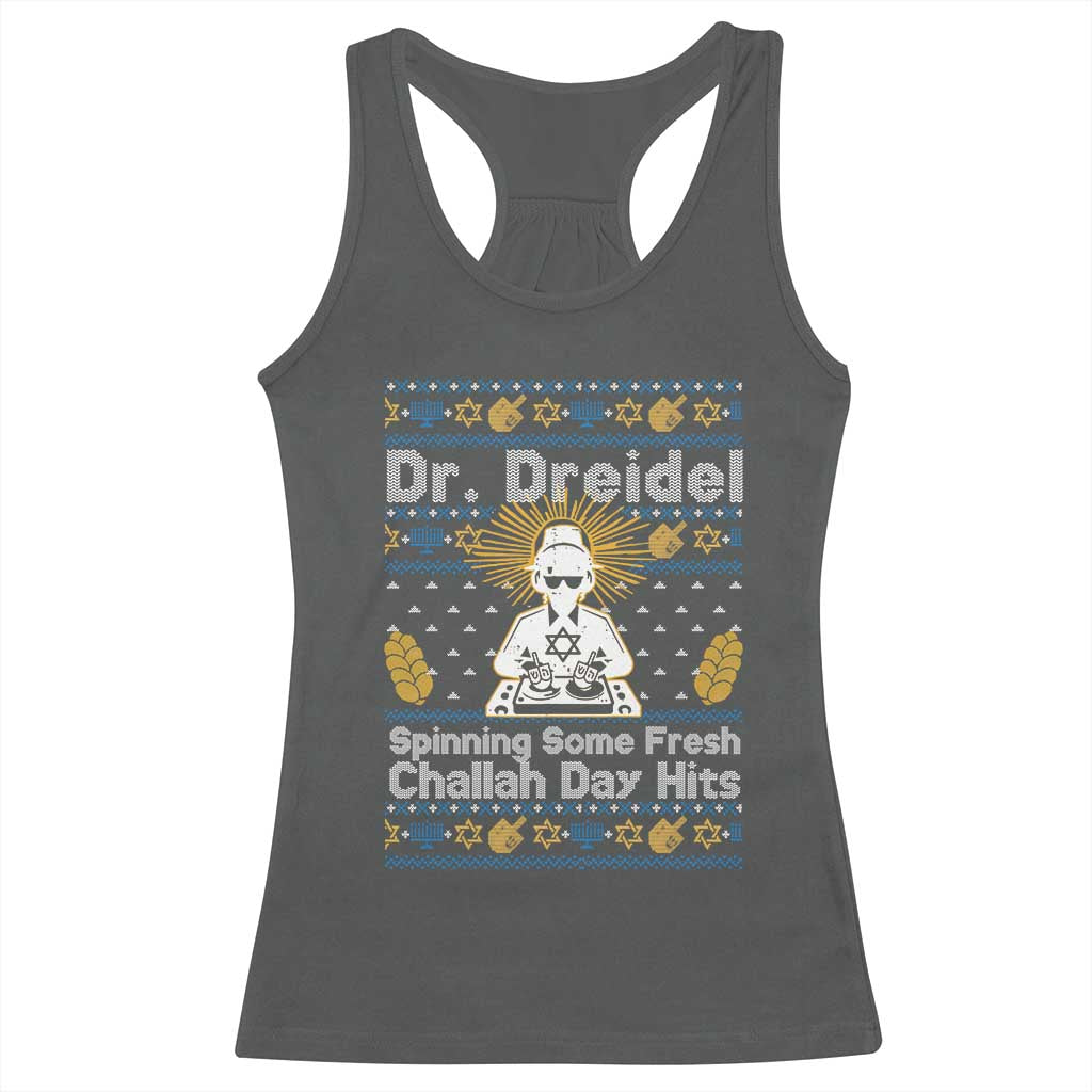 Funny Ugly Hanukkah Racerback Tank Top Mr Dreidel Dj Chanukkah Jewish TS10 Dark Heather Print Your Wear