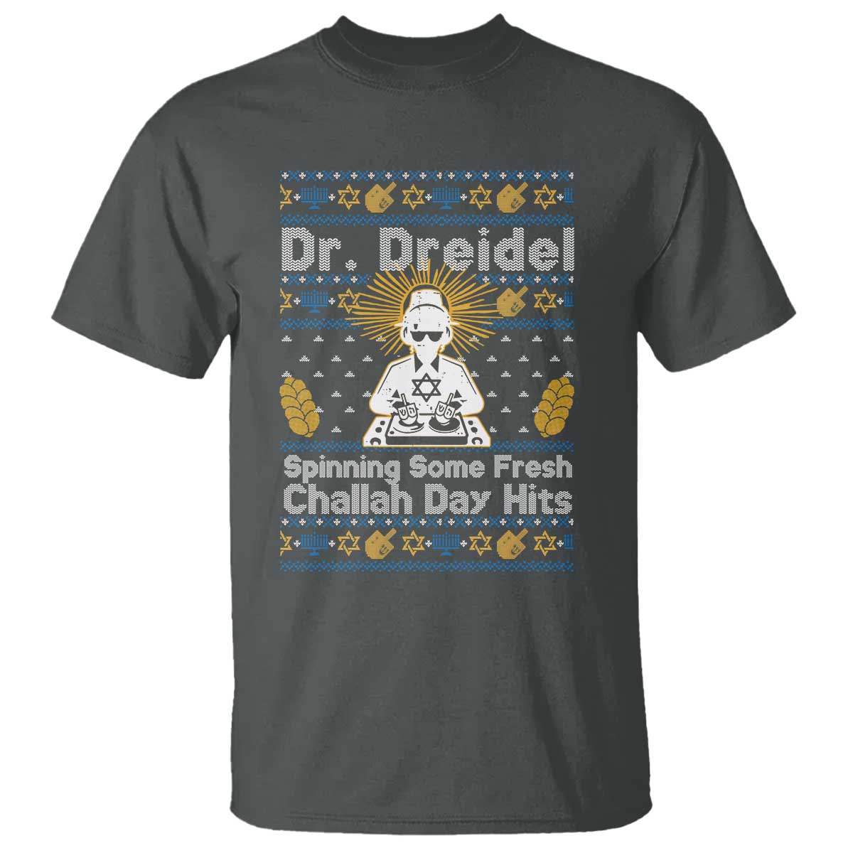 Funny Ugly Hanukkah T Shirt Mr Dreidel Dj Chanukkah Jewish TS10 Dark Heather Print Your Wear