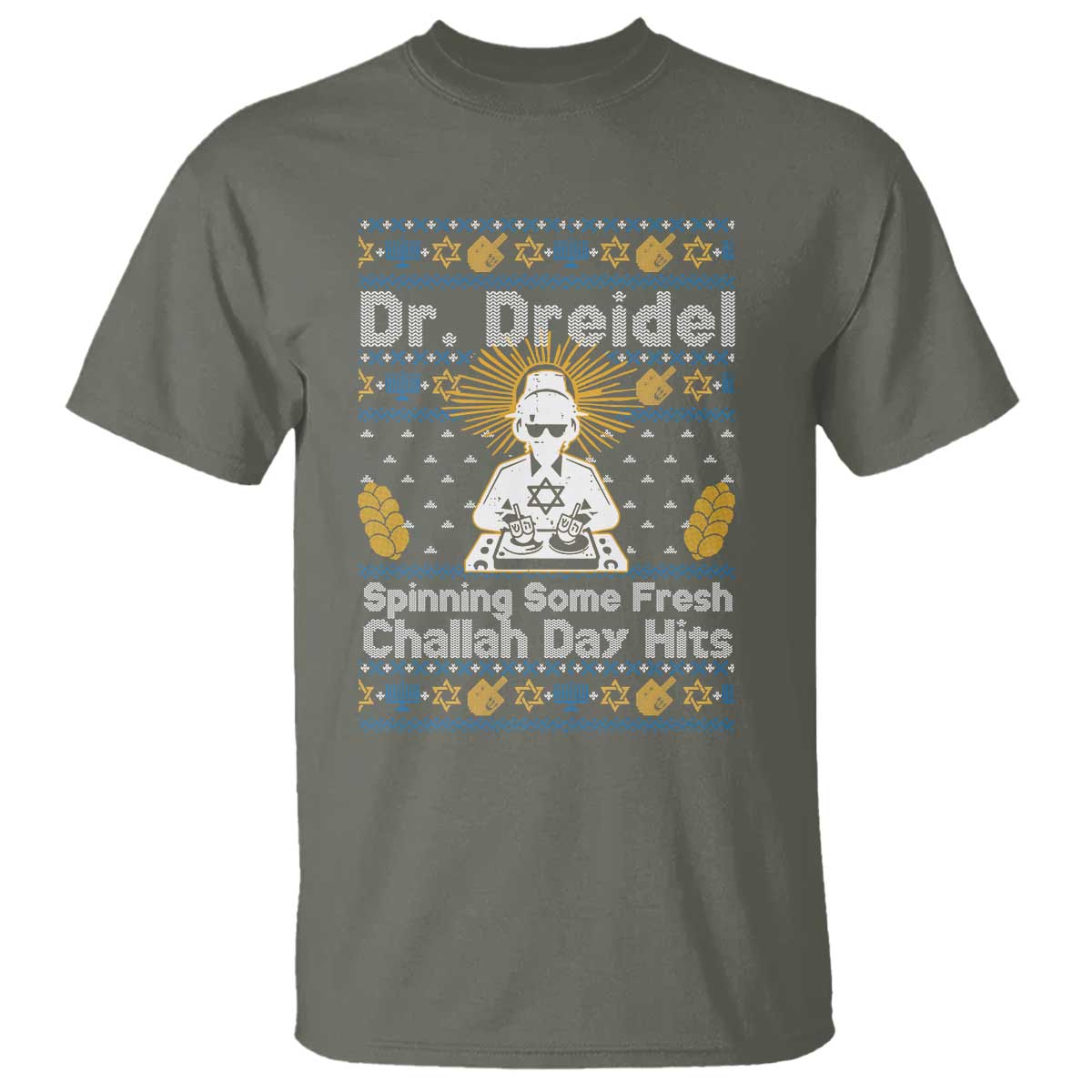 Funny Ugly Hanukkah T Shirt Mr Dreidel Dj Chanukkah Jewish TS10 Military Green Print Your Wear