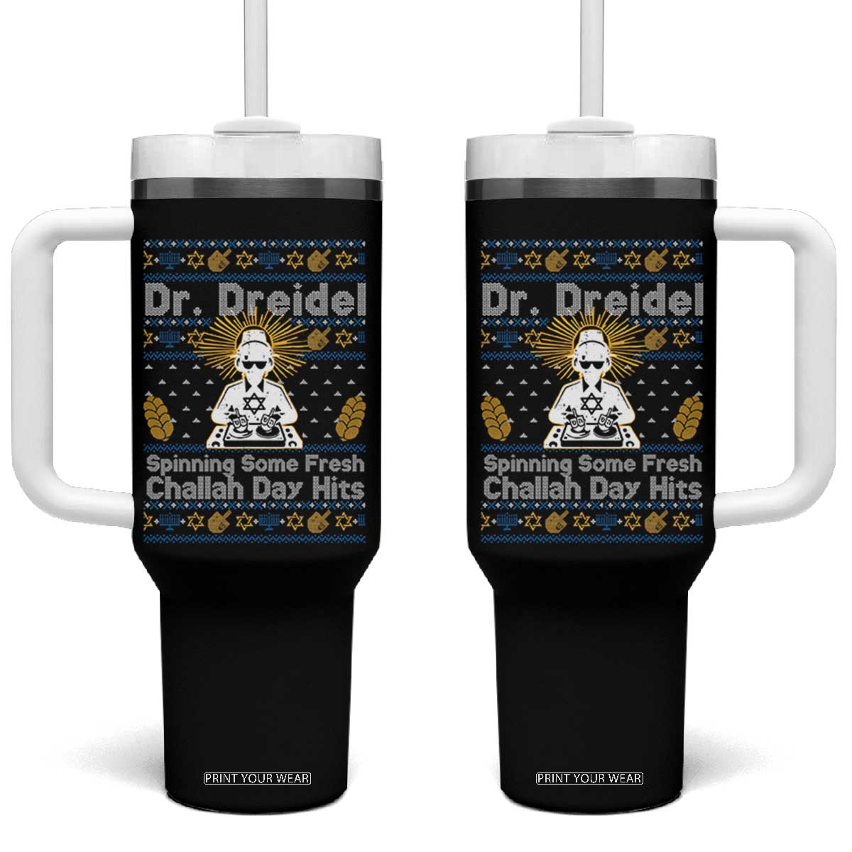 Funny Ugly Hanukkah Tumbler With Handle Mr Dreidel Dj Chanukkah Jewish TS10 One Size: 40 oz Black Print Your Wear