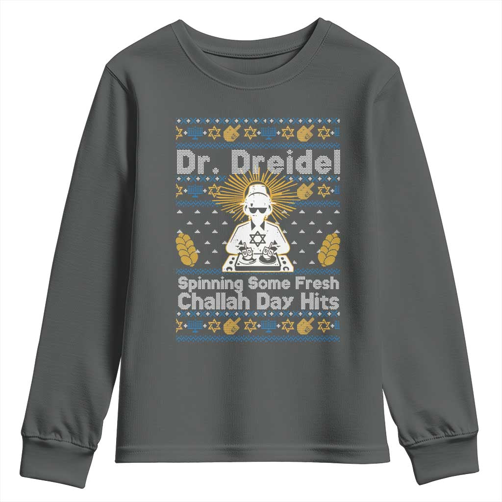 Funny Ugly Hanukkah Youth Sweatshirt Mr Dreidel Dj Chanukkah Jewish TS10 Dark Heather Print Your Wear