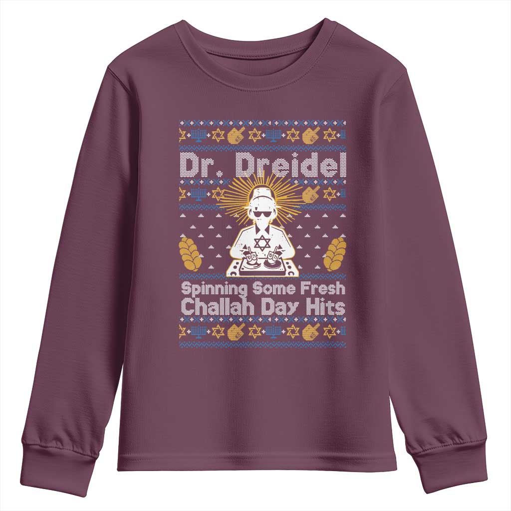 Funny Ugly Hanukkah Youth Sweatshirt Mr Dreidel Dj Chanukkah Jewish TS10 Maroon Print Your Wear