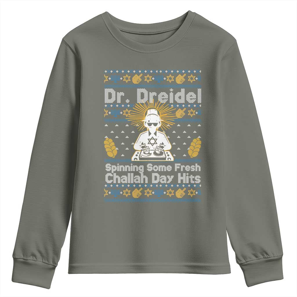 Funny Ugly Hanukkah Youth Sweatshirt Mr Dreidel Dj Chanukkah Jewish TS10 Military Green Print Your Wear