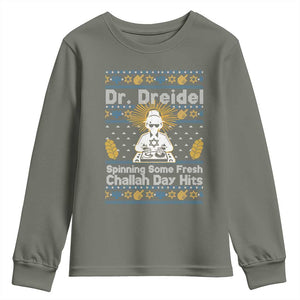 Funny Ugly Hanukkah Youth Sweatshirt Mr Dreidel Dj Chanukkah Jewish TS10 Military Green Print Your Wear