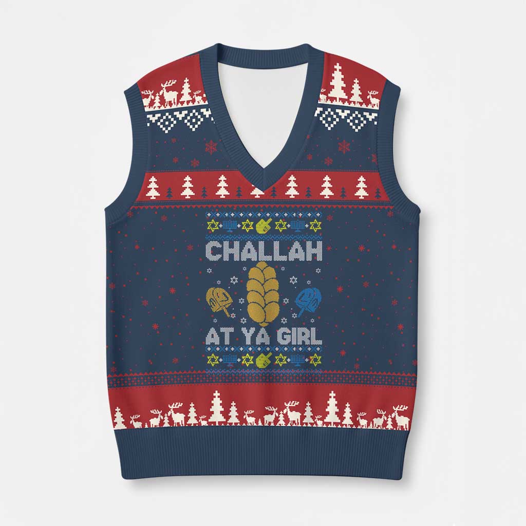 Funny Ugly Hanukkah V-Neck Knit Sweater Vest Challah At Ya Girl Matching TS10 Navy Red Print Your Wear