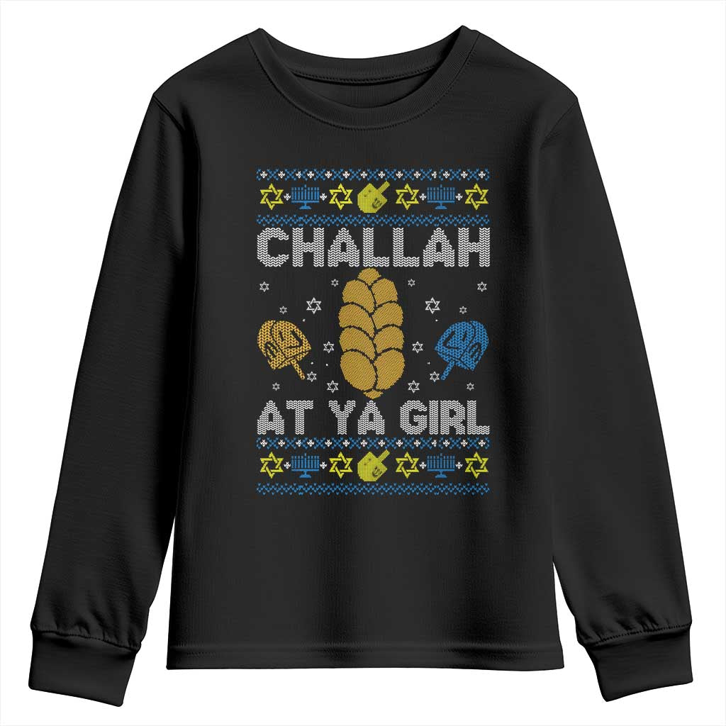 Funny Ugly Hanukkah Youth Sweatshirt Challah At Ya Girl Matching TS10 Black Print Your Wear