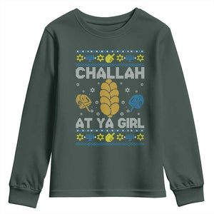 Funny Ugly Hanukkah Youth Sweatshirt Challah At Ya Girl Matching TS10 Dark Forest Green Print Your Wear