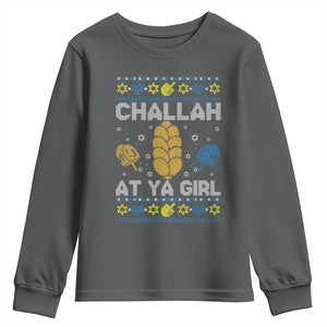 Funny Ugly Hanukkah Youth Sweatshirt Challah At Ya Girl Matching TS10 Dark Heather Print Your Wear