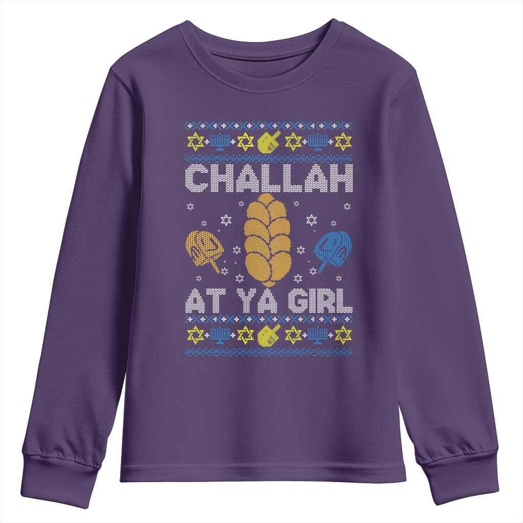 Funny Ugly Hanukkah Youth Sweatshirt Challah At Ya Girl Matching TS10 Purple Print Your Wear