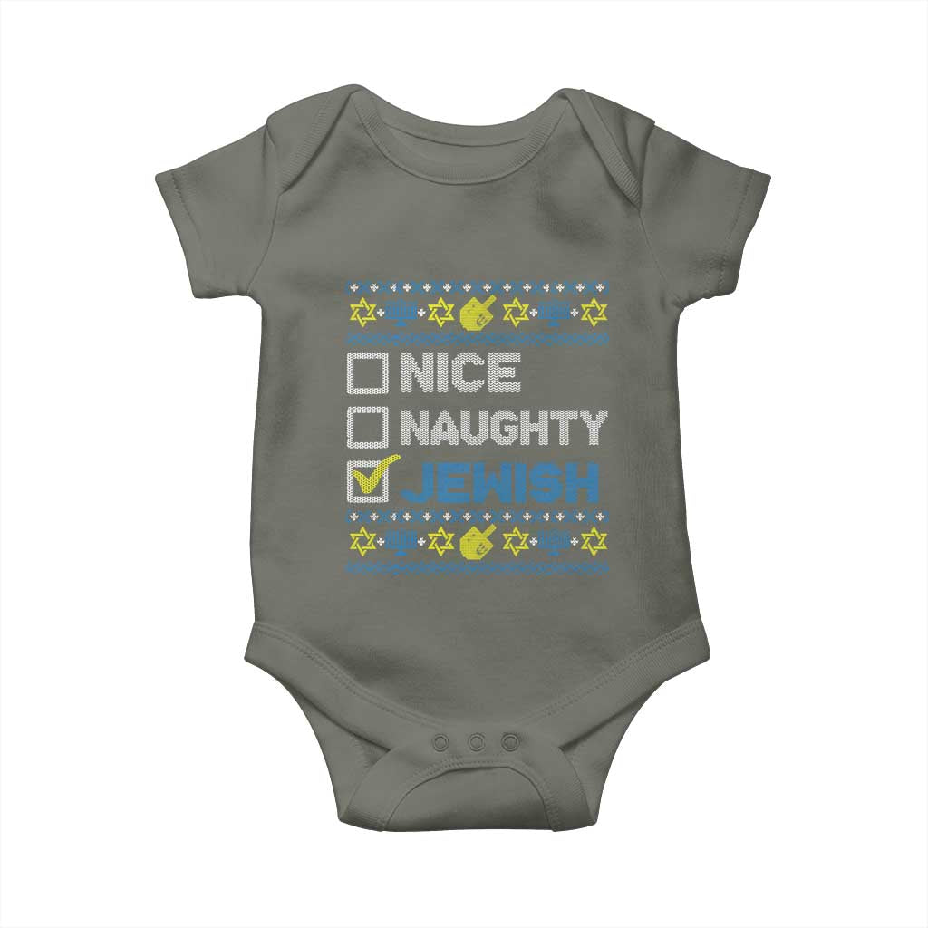 Nice Naughty Jewish Ugly Hanukkah Baby Onesie Chanukah Jew Gift TS10 Military Green Print Your Wear