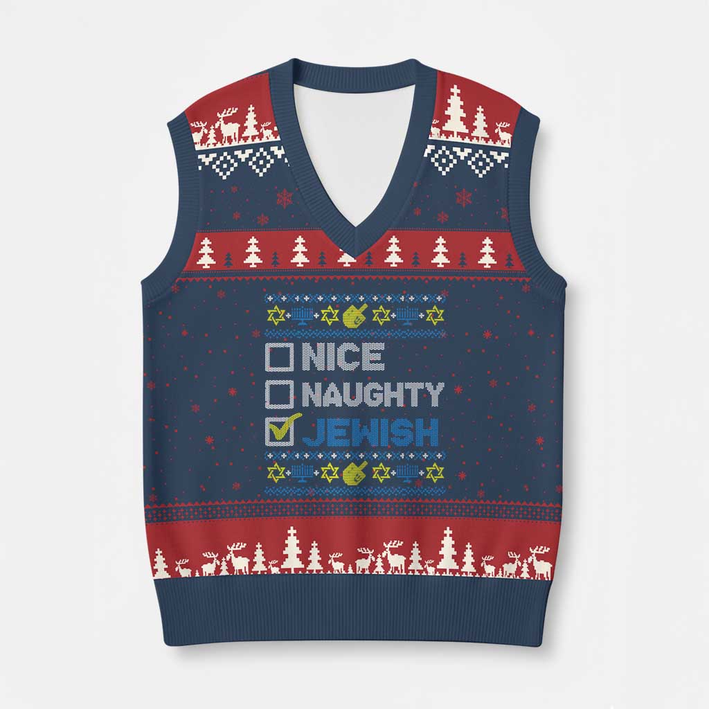 Nice Naughty Jewish Ugly Hanukkah V-Neck Knit Sweater Vest Chanukah Jew Gift TS10 Navy Red Print Your Wear