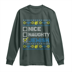 Nice Naughty Jewish Ugly Hanukkah Long Sleeve Shirt Chanukah Jew Gift TS10 Dark Forest Green Print Your Wear