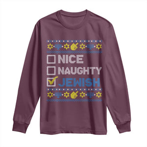 Nice Naughty Jewish Ugly Hanukkah Long Sleeve Shirt Chanukah Jew Gift TS10 Maroon Print Your Wear