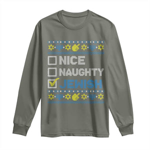 Nice Naughty Jewish Ugly Hanukkah Long Sleeve Shirt Chanukah Jew Gift TS10 Military Green Print Your Wear