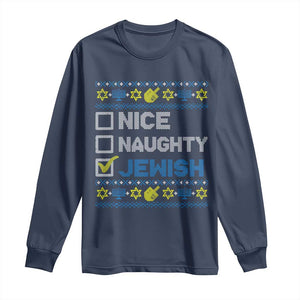 Nice Naughty Jewish Ugly Hanukkah Long Sleeve Shirt Chanukah Jew Gift TS10 Navy Print Your Wear