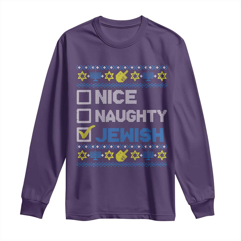 Nice Naughty Jewish Ugly Hanukkah Long Sleeve Shirt Chanukah Jew Gift TS10 Purple Print Your Wear