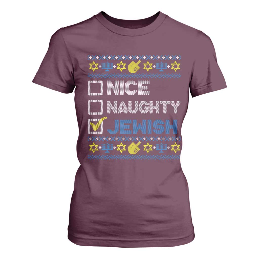 Nice Naughty Jewish Ugly Hanukkah T Shirt For Women Chanukah Jew Gift TS10 Maroon Print Your Wear
