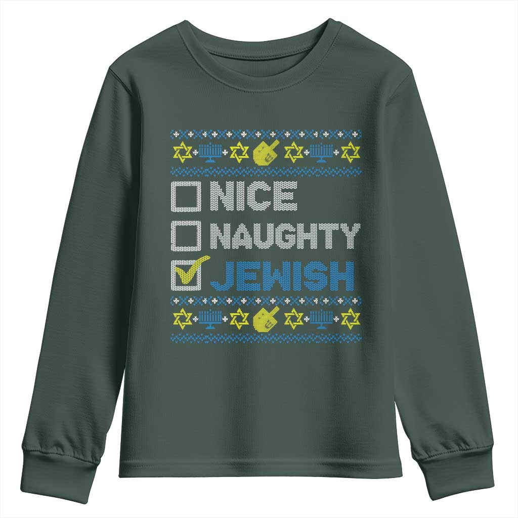 Nice Naughty Jewish Ugly Hanukkah Youth Sweatshirt Chanukah Jew Gift TS10 Dark Forest Green Print Your Wear