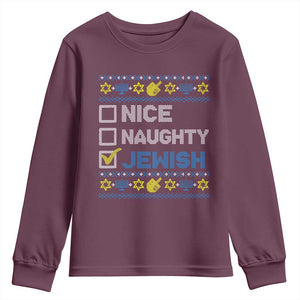 Nice Naughty Jewish Ugly Hanukkah Youth Sweatshirt Chanukah Jew Gift TS10 Maroon Print Your Wear