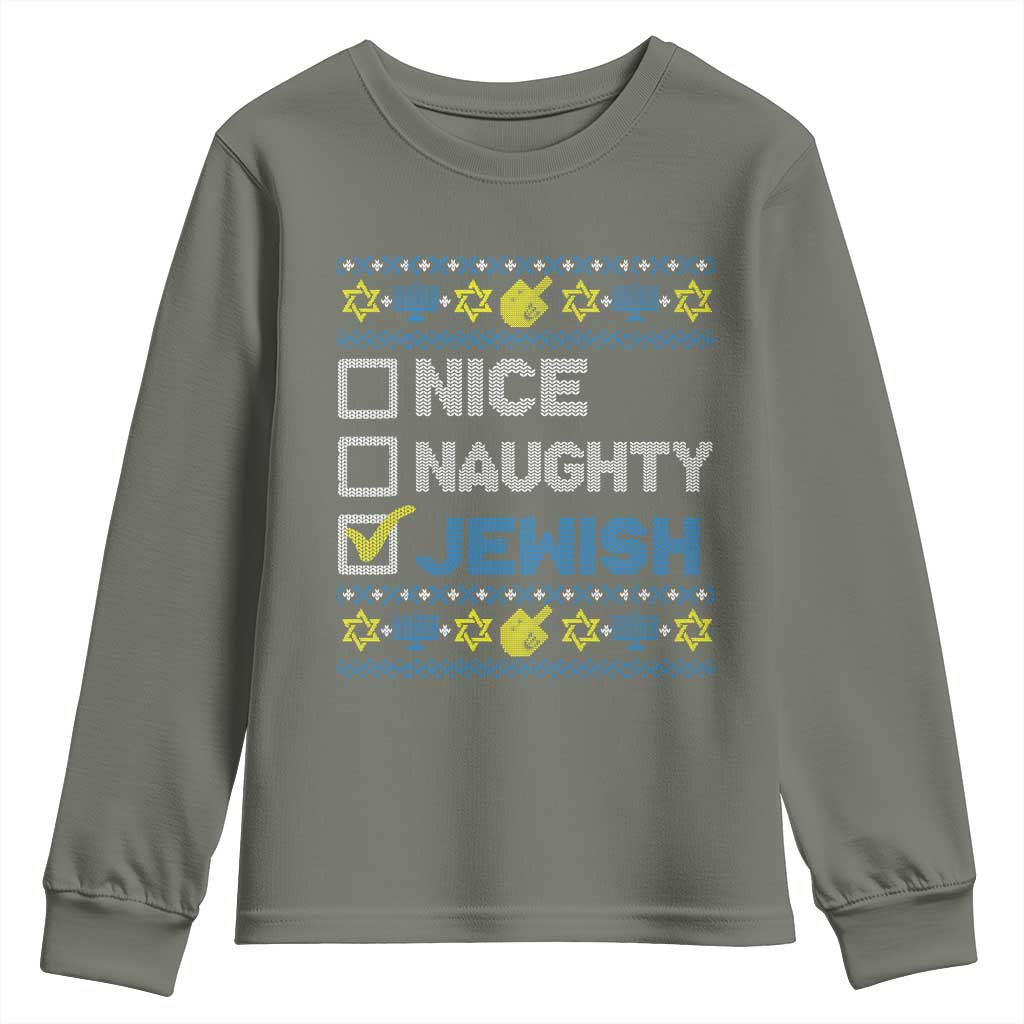 Nice Naughty Jewish Ugly Hanukkah Youth Sweatshirt Chanukah Jew Gift TS10 Military Green Print Your Wear