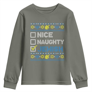 Nice Naughty Jewish Ugly Hanukkah Youth Sweatshirt Chanukah Jew Gift TS10 Military Green Print Your Wear