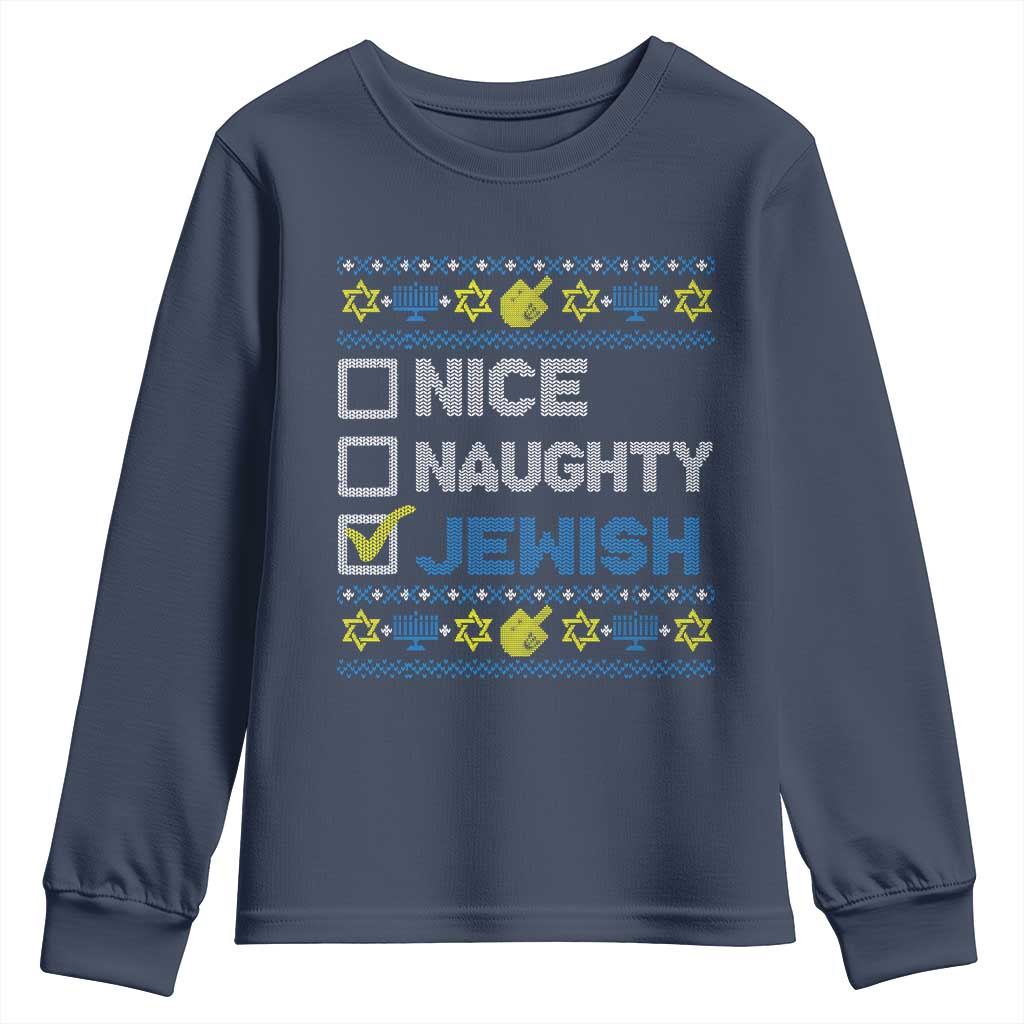 Nice Naughty Jewish Ugly Hanukkah Youth Sweatshirt Chanukah Jew Gift TS10 Navy Print Your Wear