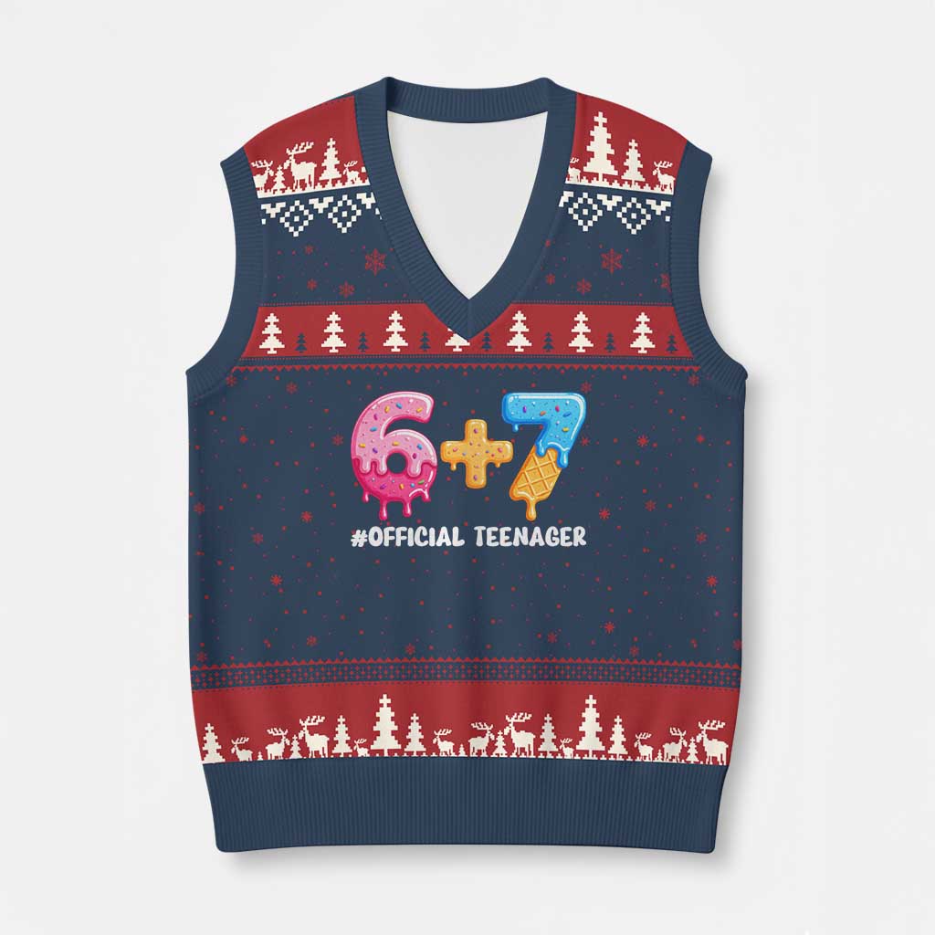 Funny 67 13th Birthday Official Teenager V-Neck Knit Sweater Vest 6 7 Ice Cream Drip Meme Funny Six Seven 13 Years Old TS10 Navy Red Print Your Wear