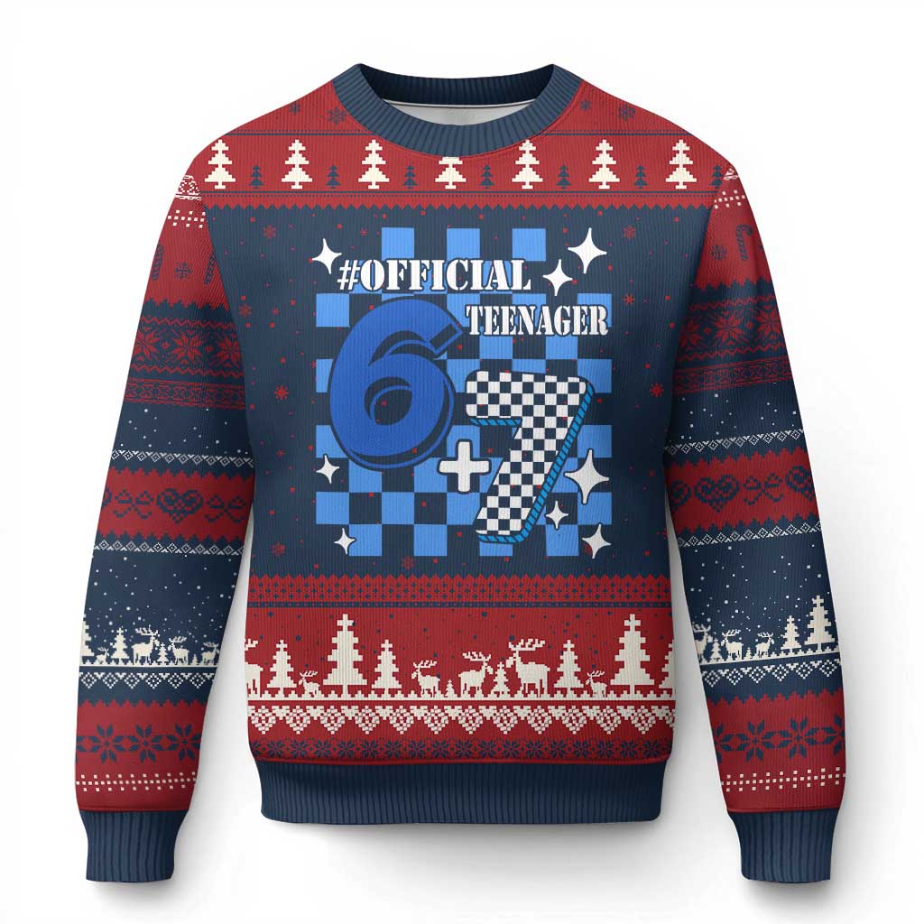 Funny 13th Birthday Official Teenager Ugly Christmas Sweater 6+7 13 Year Old Boys Kids Checkered 67 Meme TS10 Navy Red Print Your Wear