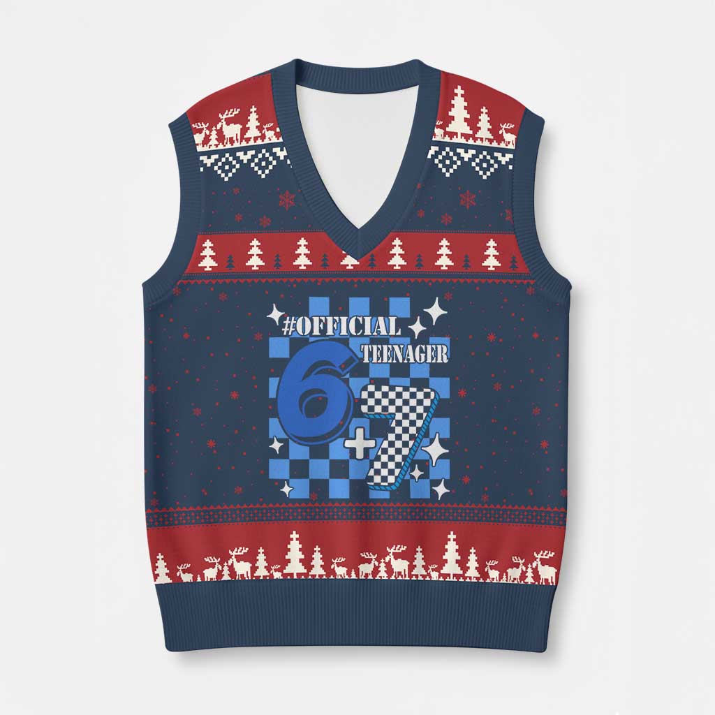 Funny 13th Birthday Official Teenager V-Neck Knit Sweater Vest 6+7 13 Year Old Boys Kids Checkered 67 Meme TS10 Navy Red Print Your Wear