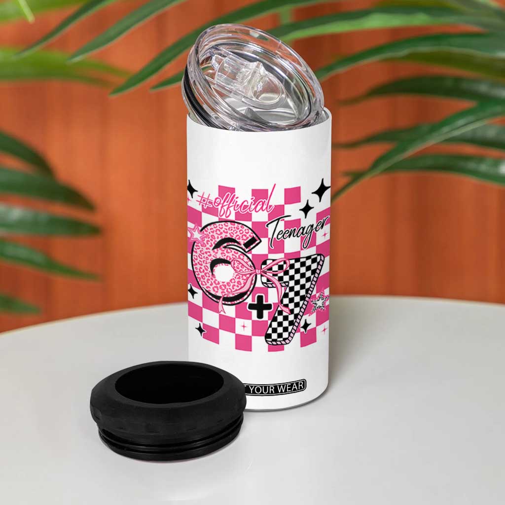 Funny 13th Birthday Official Teenager 4 in 1 Can Cooler Tumbler 6+7 13 Year Old Kids Girls Pink Checkered 67 Meme TS10 Print Your Wear