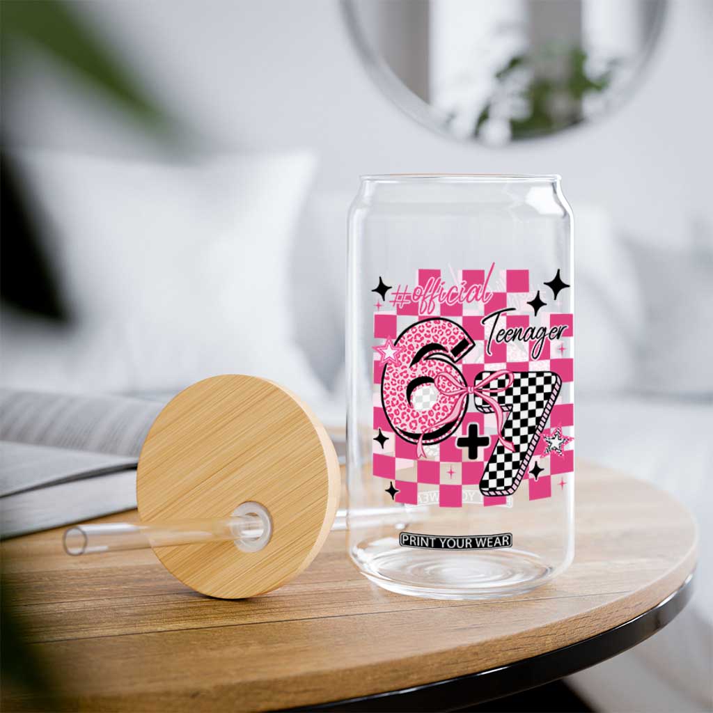 Funny 13th Birthday Official Teenager Glass Can 6+7 13 Year Old Kids Girls Pink Checkered 67 Meme TS10 Print Your Wear