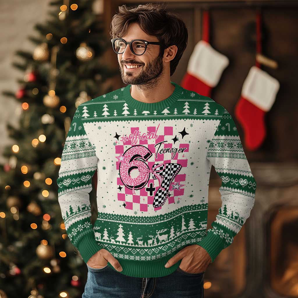Funny 13th Birthday Official Teenager Ugly Christmas Sweater 6+7 13 Year Old Kids Girls Pink Checkered 67 Meme TS10 Beige Green Print Your Wear