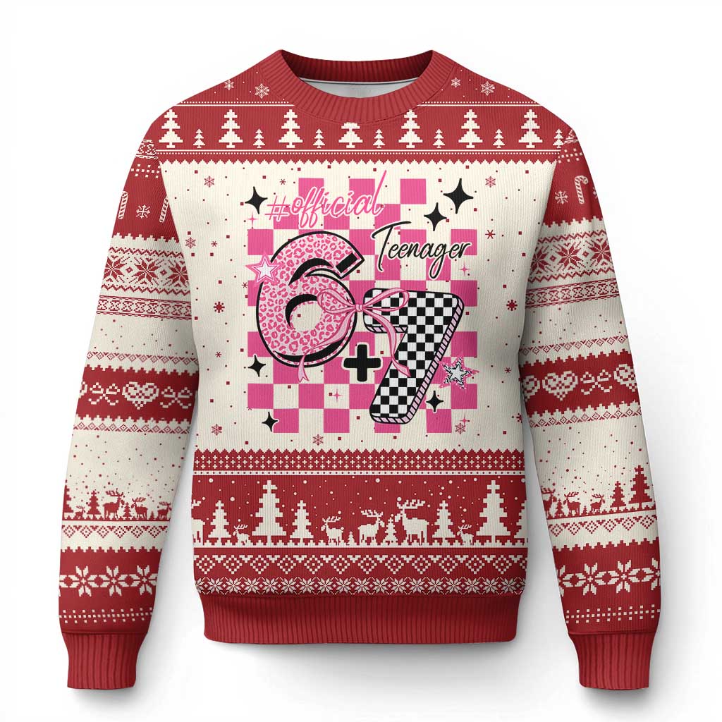 Funny 13th Birthday Official Teenager Ugly Christmas Sweater 6+7 13 Year Old Kids Girls Pink Checkered 67 Meme TS10 Beige Red Print Your Wear