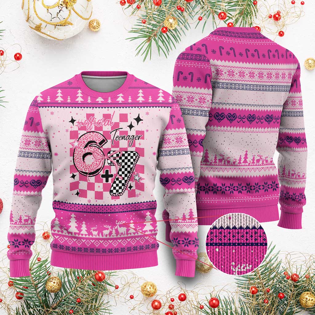 Funny 13th Birthday Official Teenager Ugly Christmas Sweater 6+7 13 Year Old Kids Girls Pink Checkered 67 Meme TS10 Hot Pink Print Your Wear