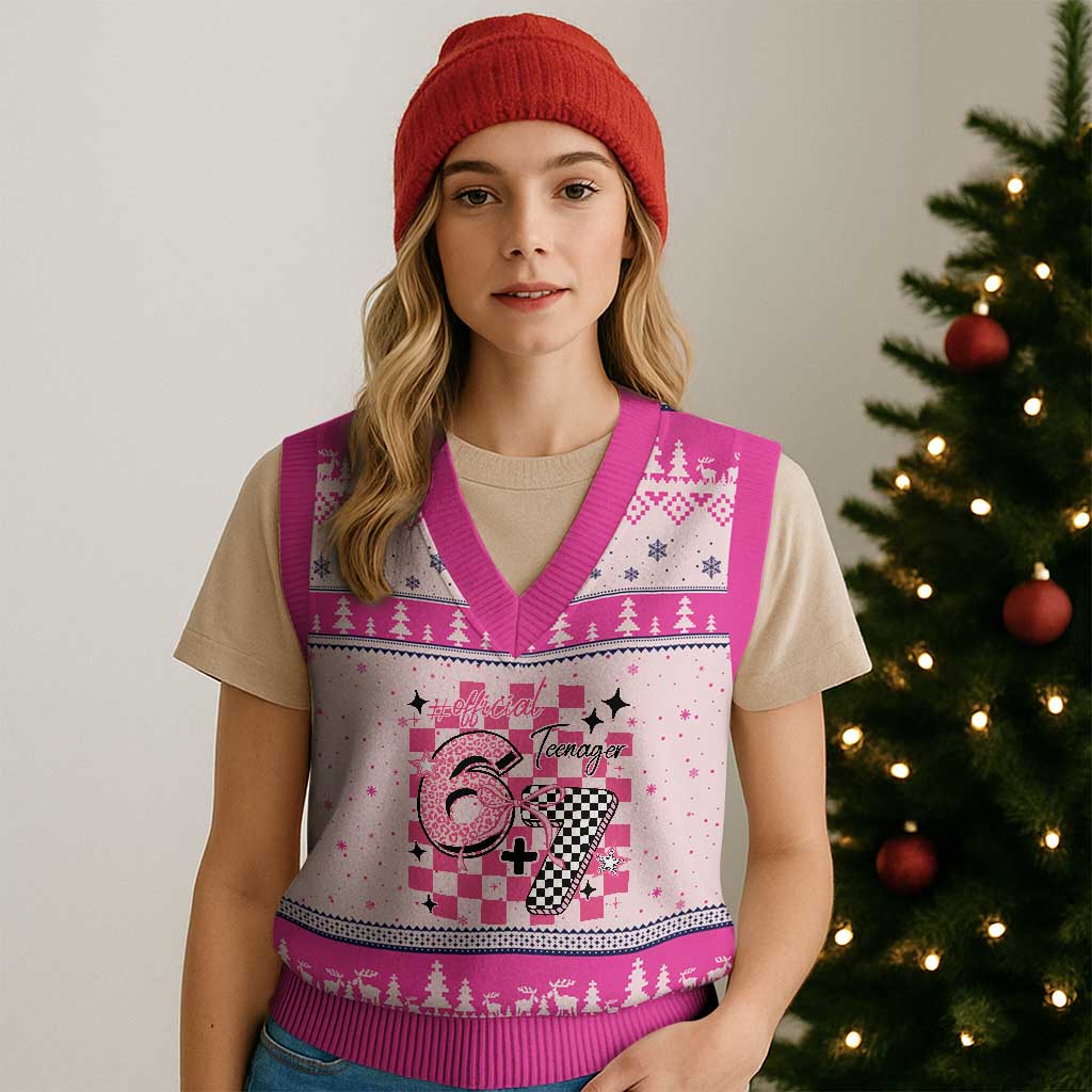 Funny 13th Birthday Official Teenager V-Neck Knit Sweater Vest 6+7 13 Year Old Kids Girls Pink Checkered 67 Meme TS10 Hot Pink Print Your Wear