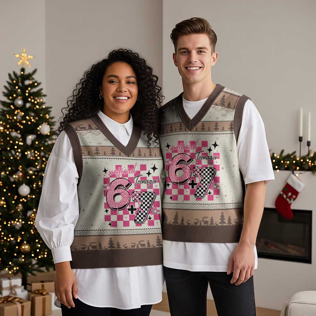 Funny 13th Birthday Official Teenager V-Neck Knit Sweater Vest 6+7 13 Year Old Kids Girls Pink Checkered 67 Meme TS10 Mocha Mousse Print Your Wear