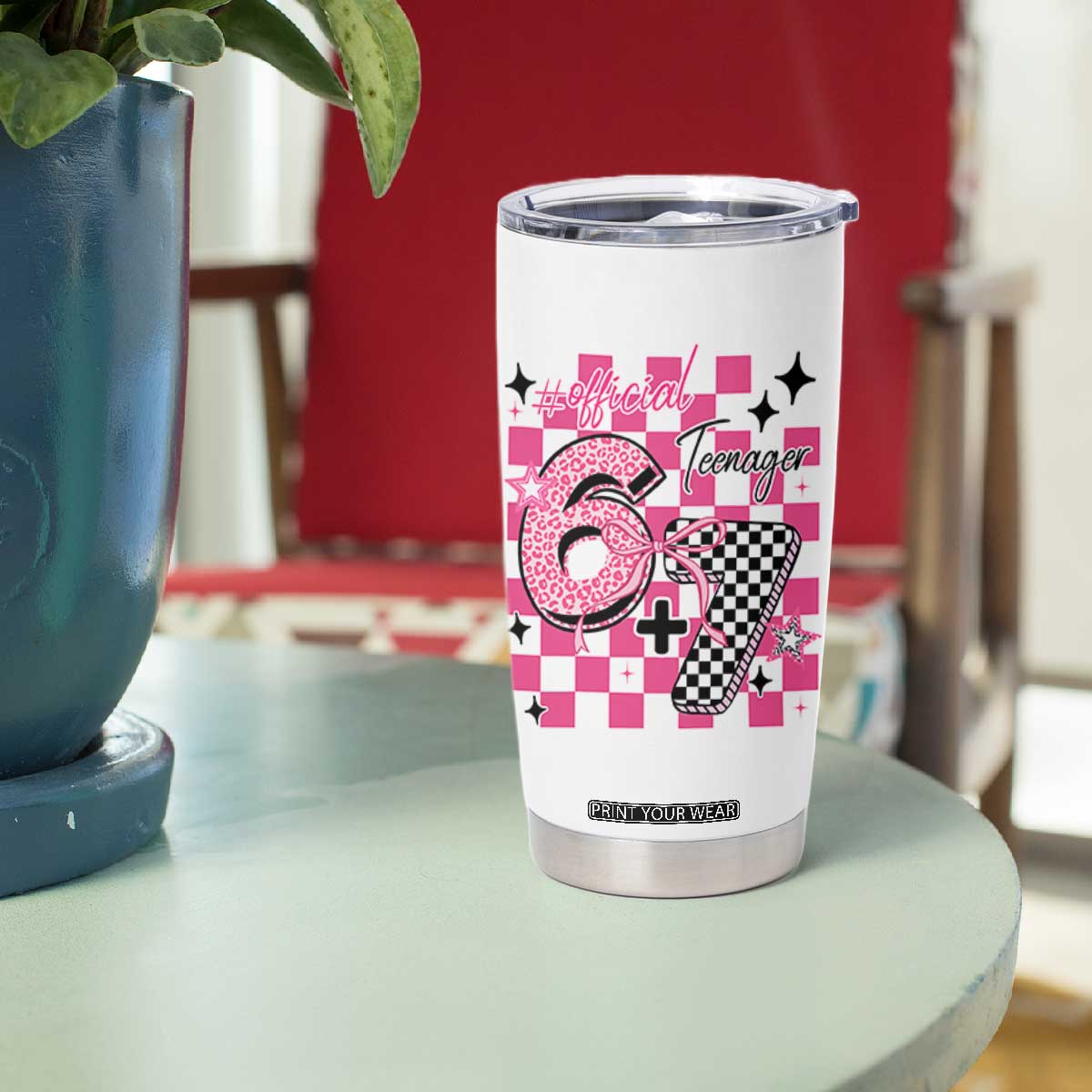 Funny 13th Birthday Official Teenager Tumbler Cup 6+7 13 Year Old Kids Girls Pink Checkered 67 Meme TS10 Print Your Wear