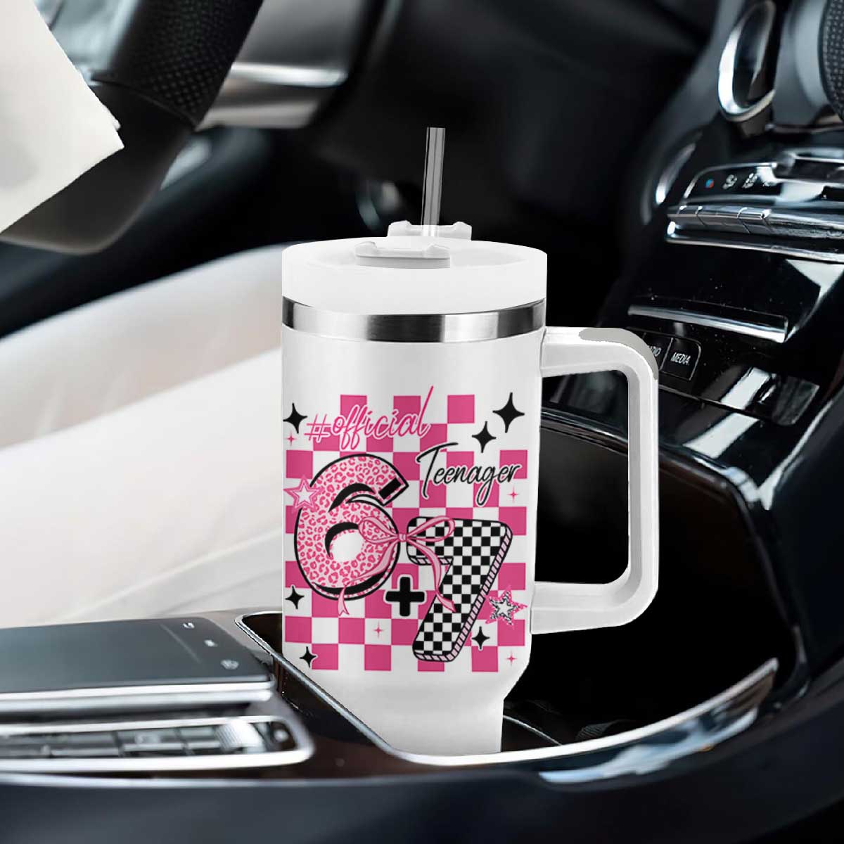Funny 13th Birthday Official Teenager Tumbler With Handle 6+7 13 Year Old Kids Girls Pink Checkered 67 Meme TS10 Print Your Wear