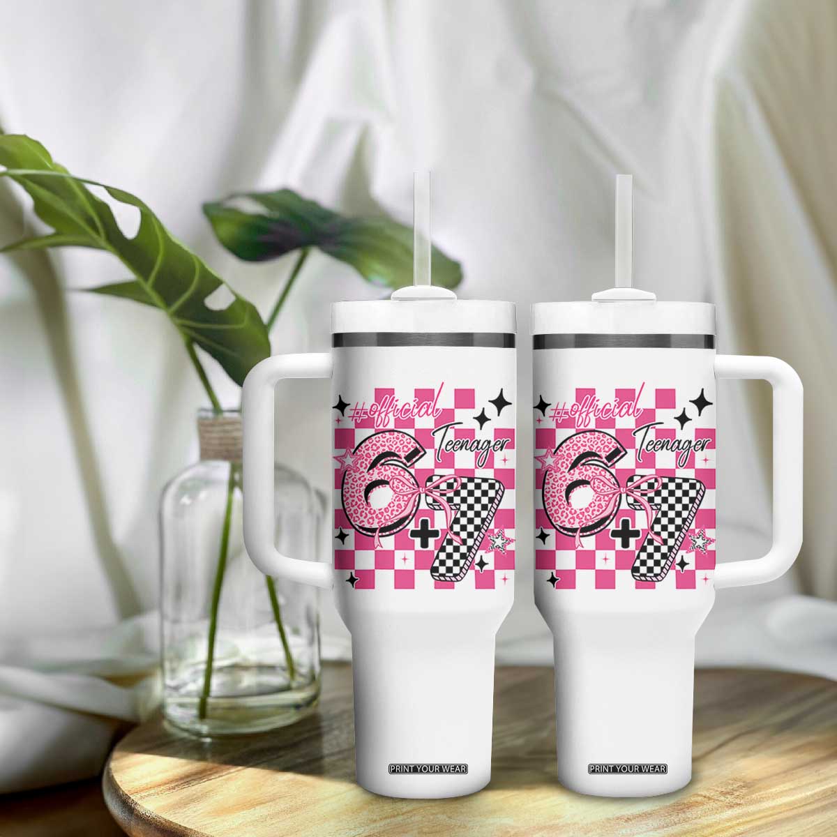 Funny 13th Birthday Official Teenager Tumbler With Handle 6+7 13 Year Old Kids Girls Pink Checkered 67 Meme TS10 Print Your Wear