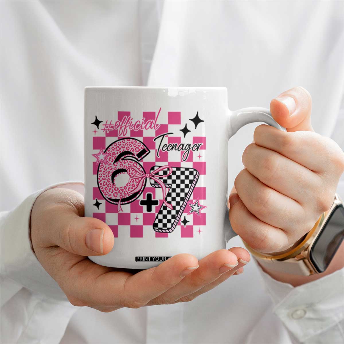 Funny 13th Birthday Official Teenager Coffee Mug 6+7 13 Year Old Kids Girls Pink Checkered 67 Meme TS10 Print Your Wear