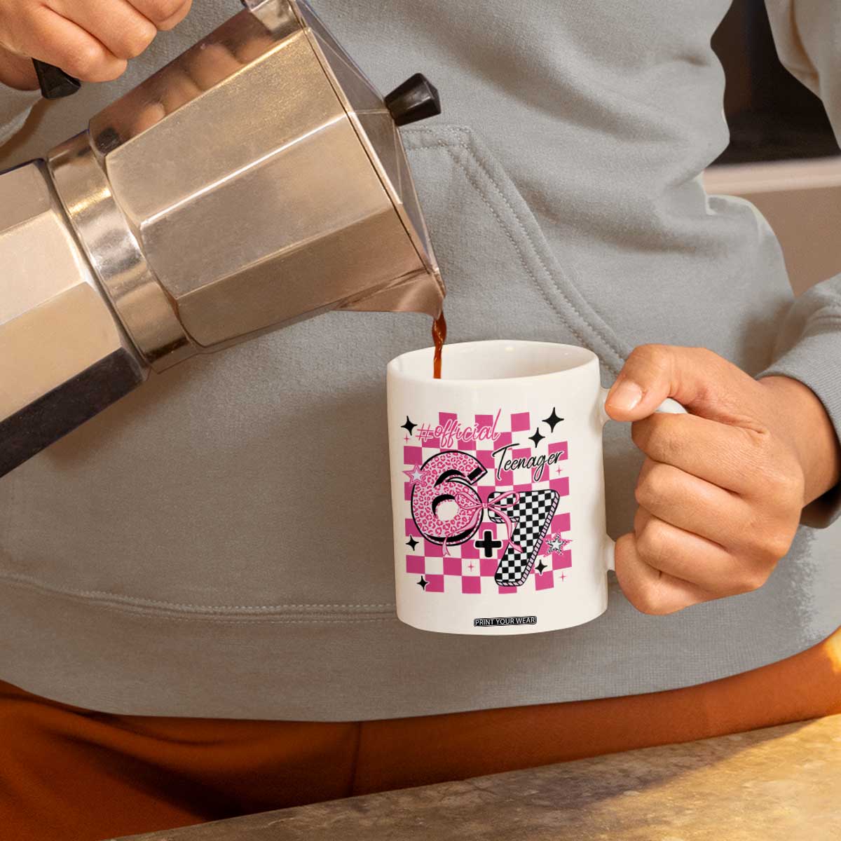 Funny 13th Birthday Official Teenager Coffee Mug 6+7 13 Year Old Kids Girls Pink Checkered 67 Meme TS10 Print Your Wear