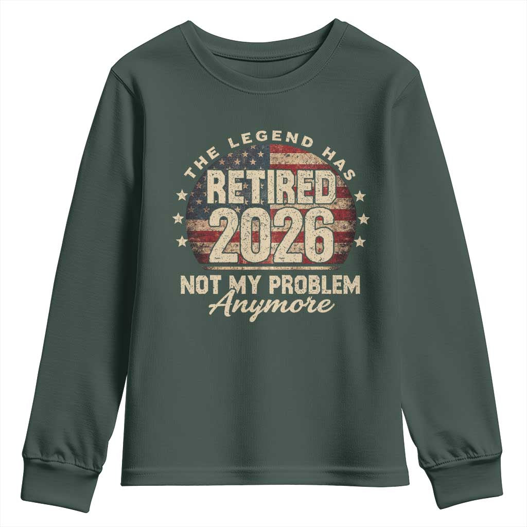 The Legend Has Retired 2026 Youth Sweatshirt Funny Retirement USA Flag TS10 Dark Forest Green Print Your Wear