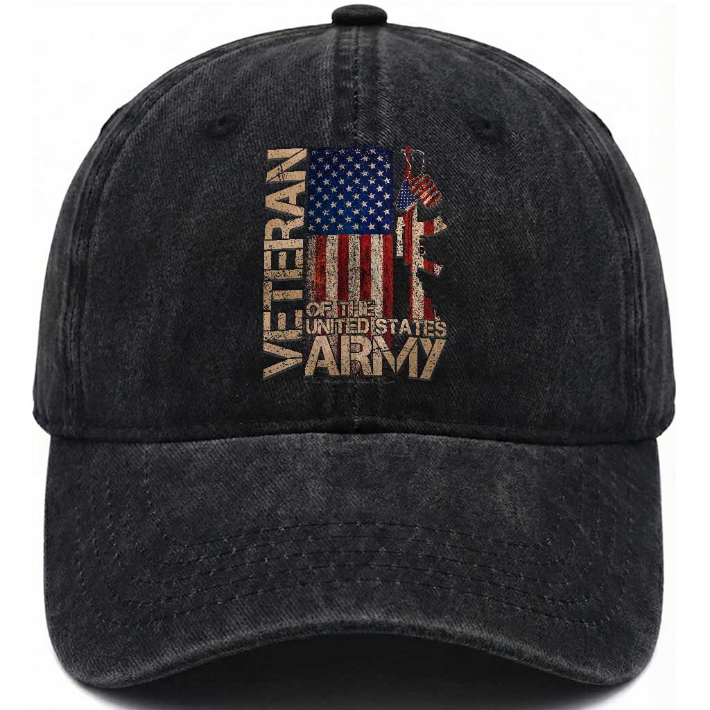 Veteran Of The United States Washed Cotton Baseball Cap Army US Flag Veteran Patriotic TS10 Washed Cap Universal Fit Black Print Your Wear