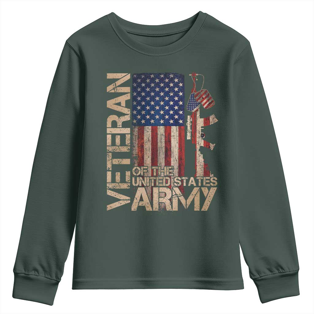 Veteran Of The United States Youth Sweatshirt Army US Flag Veteran Patriotic TS10 Dark Forest Green Print Your Wear