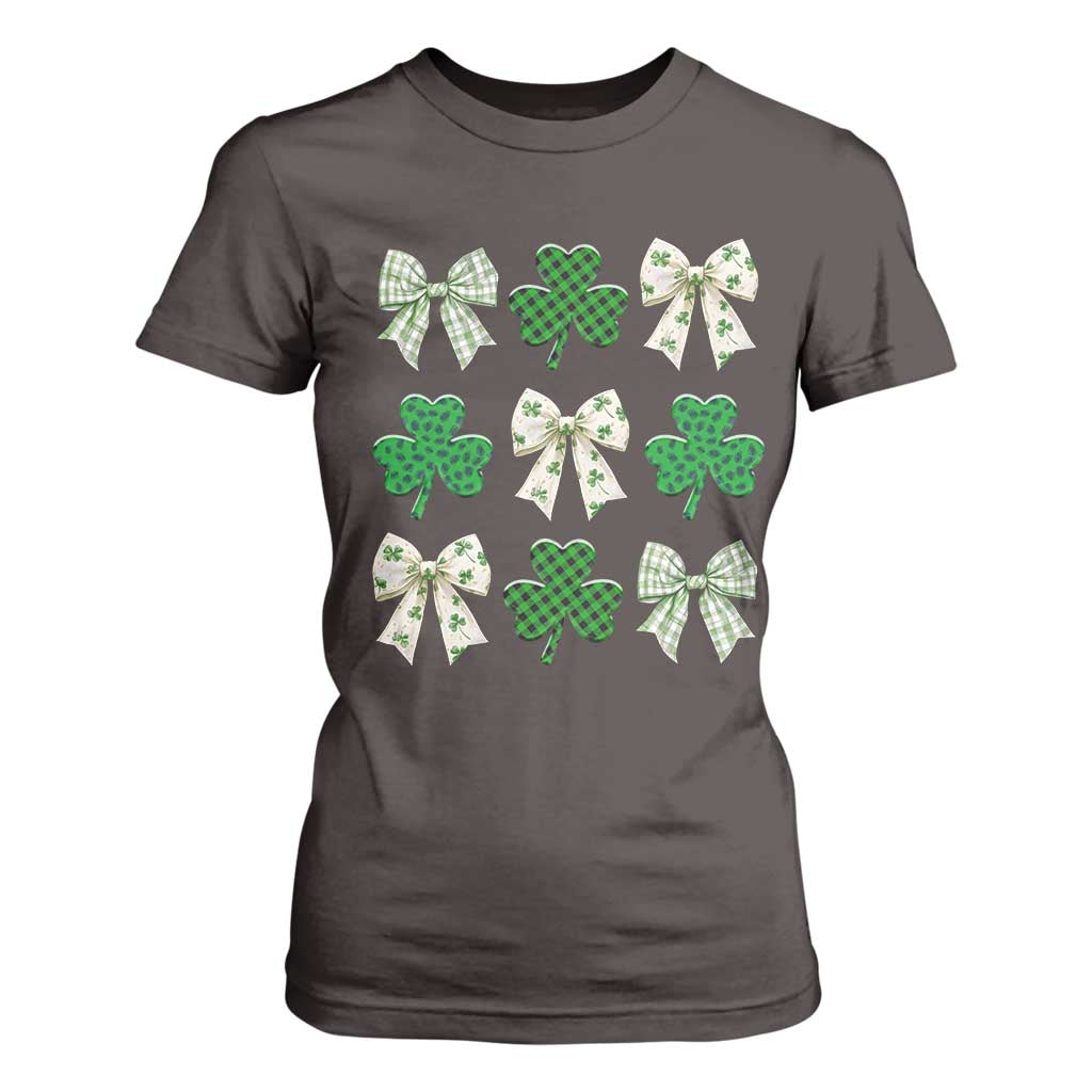 St Patricks Day Lucky Coquette T Shirt For Women Leopard Shamrocks Bow Irish Gift TS10 Dark Chocolate Print Your Wear