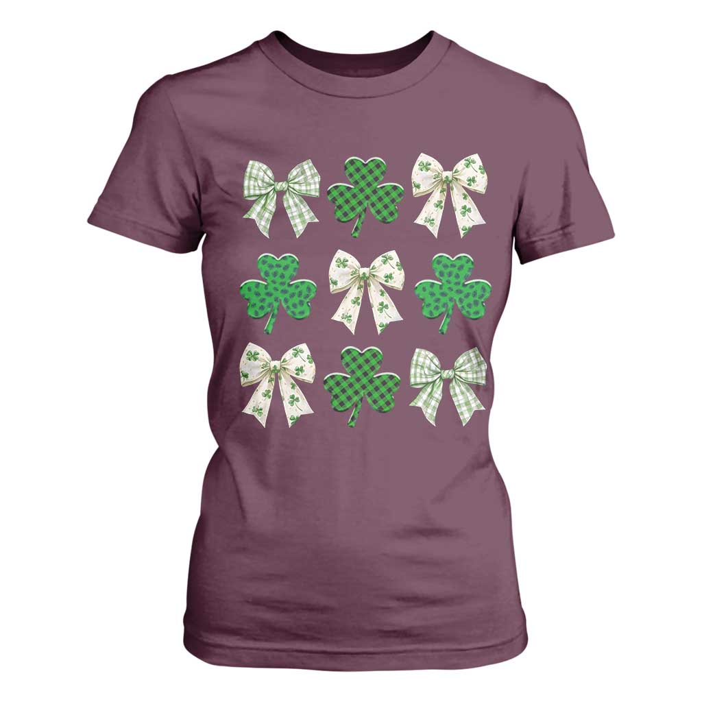 St Patricks Day Lucky Coquette T Shirt For Women Leopard Shamrocks Bow Irish Gift TS10 Maroon Print Your Wear