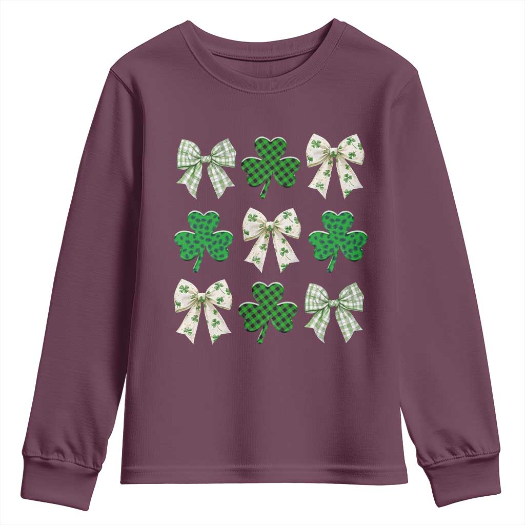 St Patricks Day Lucky Coquette Youth Sweatshirt Leopard Shamrocks Bow Irish Gift TS10 Maroon Print Your Wear