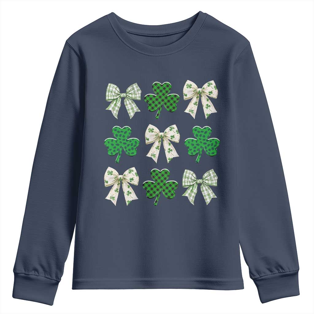 St Patricks Day Lucky Coquette Youth Sweatshirt Leopard Shamrocks Bow Irish Gift TS10 Navy Print Your Wear