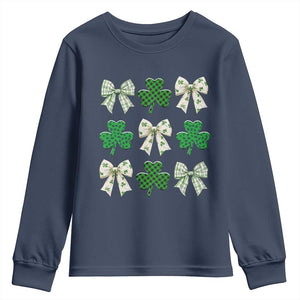 St Patricks Day Lucky Coquette Youth Sweatshirt Leopard Shamrocks Bow Irish Gift TS10 Navy Print Your Wear